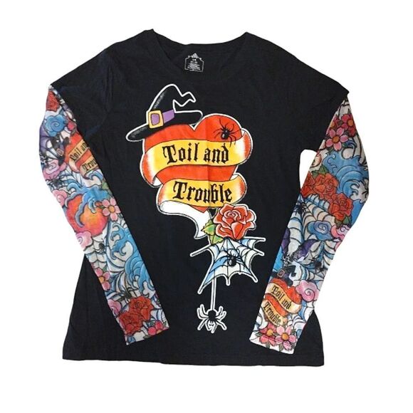 Y2K 00s Black Red Toil And Trouble Tattoo Mesh Long Sleeve Tshirt Large - Picture 2 of 16